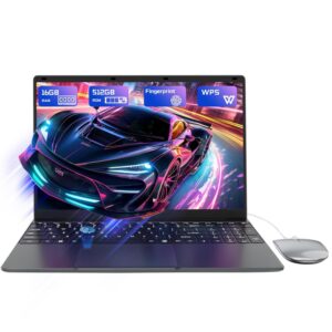 15.6 inch Laptop PC - Celeron N5095 Laptop Computer 16GB RAM LPDDR4 512GB SSD, Notebook FHD 1080P Display, Portable PC with WiFi5, Bluetooth4.2, USB3.0, Webcam, Touch ID for...