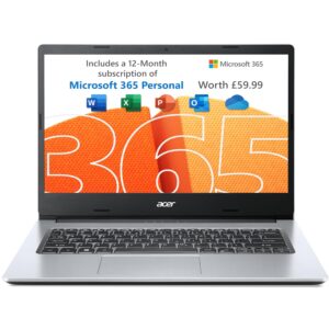 Acer Aspire 1 A114-33 Laptop - Intel Celeron N4500, 4GB, 64GB eMMC, Integrated Graphics, 14' HD, 12 months Microsoft 365 Personal, Windows 11, Silver