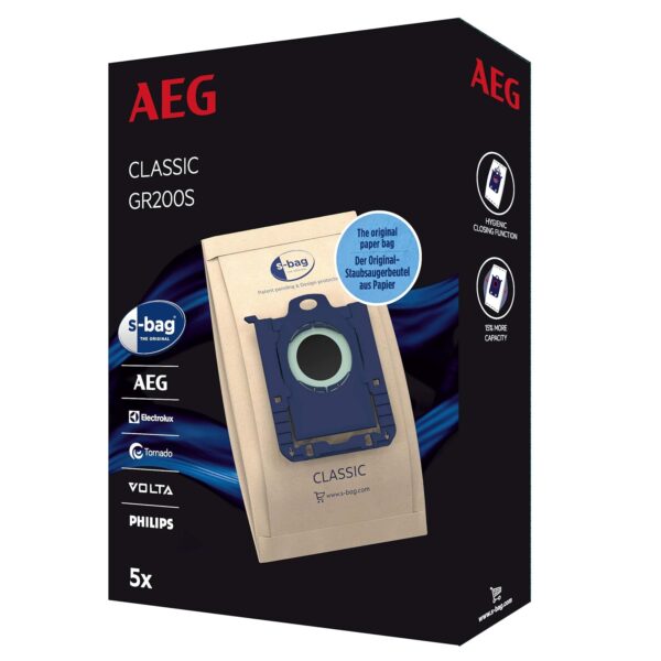 AEG GR200S s-Bag Classic Vacuum Cleaner Bags (5 Vacuum Bags for Long-Lasting High Suction Performance, Optimal Filtration, Hygiene Closure, Paper Bags, Brown)