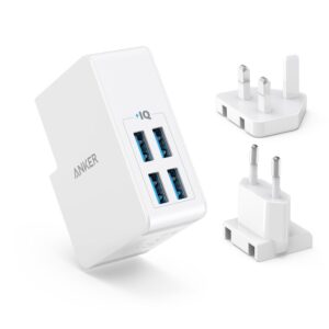 Anker USB Plug 5.4A/27W 4-Port, Wall Charger, PowerPort 4 Lite with Interchangeable UK and EU Travel Charger, Adapter for iPhone XS/XS Max/XR/X/8,Galaxy S8/Note 3,iPad Air...