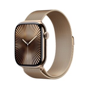 Apple Watch Series 10 GPS + Cellular 46 mm Smartwatch with Gold Titanium Case with Gold Milanese Loop - S/M. Fitness Tracker, ECG App, Always-On Retina Display, Carbon Neutral