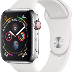 Apple Watch Series 4 (GPS + Cellular, 44mm) Silver Stainless Steel Case with White Sport Band (Renewed)