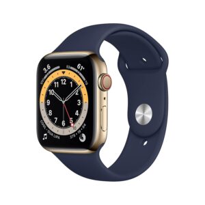 Apple Watch Series 6 (GPS + Cellular, 44mm) - Gold Stainless Steel Case with Deep Navy Sport Band (Renewed)