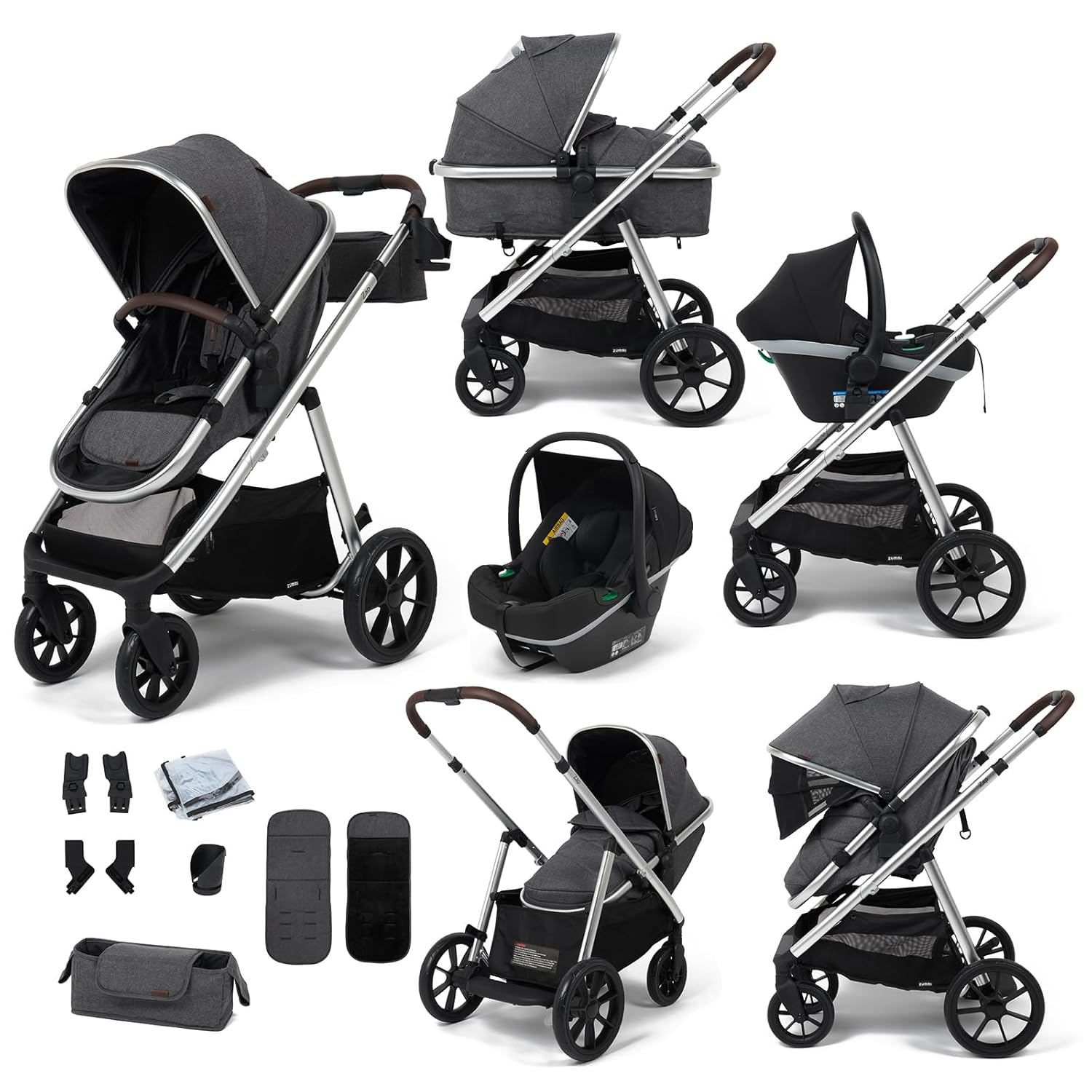 Babylo Zap Travel System with i-Size Infant Carrier, Ride-on Board, Organiser and Cup Holder, from Birth up to 22 kg, Silver/Grey