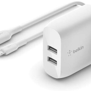 Belkin Boost Charge Dual USB-A Wall Charger 24W + USB-A to Micro-USB Cable (For Smartphones, Tablets, Wireless Headphones, Power Banks, Portable Speakers and more) | WCE002my1MWH