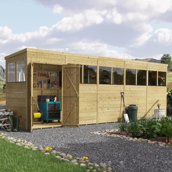 BillyOh Defender 20x4 Pent Log Cabin Wooden Garden Shed, Pressure Treated Garden Storage Shed with Customizable Modular Design, 15mm Tongue and Groove Walls | Versatile Wood...
