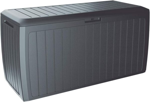 CASARIA® 290 Litre Garden Storage Box | Plastic Outdoor Tool Chest on Wheels | Lockable | Parcel Box | Log Store | Weatherproof | Wood Effect | 117x47x60cm | Grey