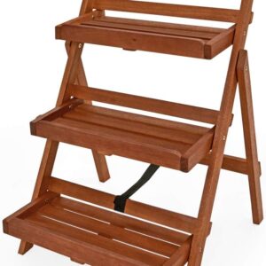 CASARIA® Folding Wooden Plant Stand | 3-Tier Display | Ladder Shelf | FSC®-Certified Acacia Wood | Indoor & Outdoor Use | Raised Garden Planter Rack | Brown