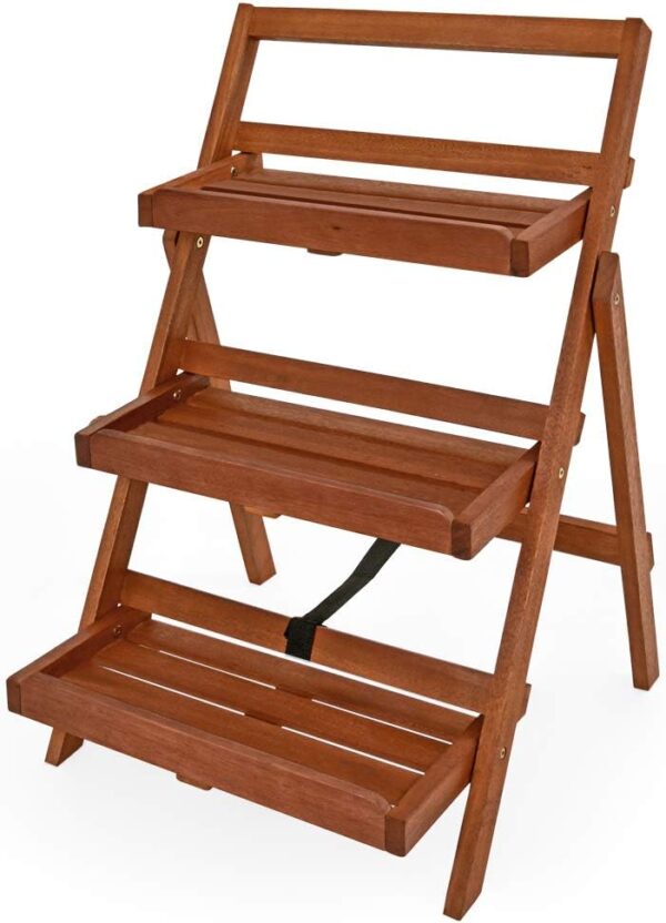 CASARIA® Folding Wooden Plant Stand | 3-Tier Display | Ladder Shelf | FSC®-Certified Acacia Wood | Indoor & Outdoor Use | Raised Garden Planter Rack | Brown