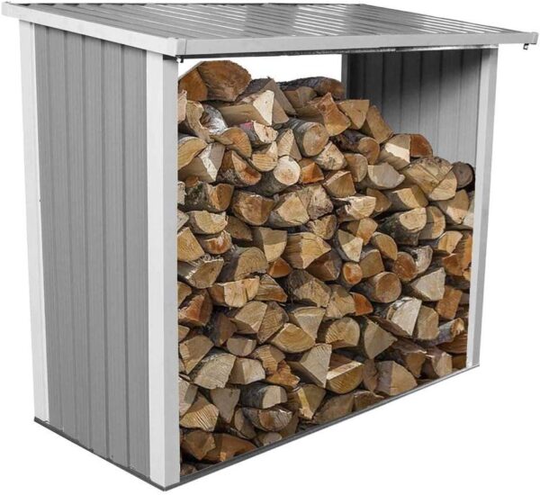 Charles Bentley Metal, Log, Wood Store, Shed, Garden Storage, Raised Floor, Slanted Roof, Back Panels, Gutter Included, Steel, Light Grey, Beige Trim, Log Store, Fire Wood,...