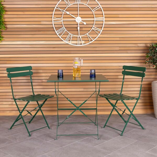 Charles Bentley Square Folding Powder Coated Steel Bistro Set For Patio, Garden, Balcony, Decking, Stylish, Outdoor Furniture, Rustproof, 2 Person, Matte Finish Green, 1 Square...