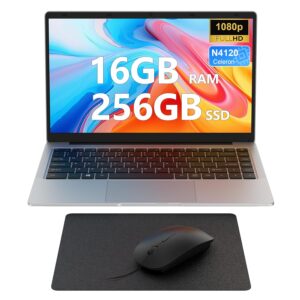 Computer Laptop Quad Core CPU Celeron N4120, 14 Inch Laptop 16GB RAM 265GB SSD, 1920x1080 FHD, Dual Speakers, Portable PC, 5G WiFi, BT, USB3.0, Mini-HDMI, Mouse/Mouse Pad/UK...