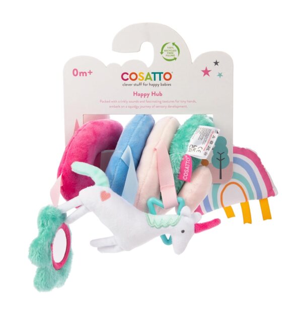 Cosatto 'Happy Hub' Activity Spiral Baby Pram Toy | Soft Baby Sensory Toy Ideal for Car Seats and Pushchairs | Suitable from 0-6 Months| Pink Unicornland