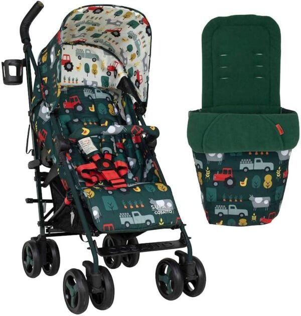 Cosatto Supa 3 Pushchair with Footmuff – Lightweight Stroller from Birth to 25Kg - Easy, Compact, Umbrella Fold, Large Shopping Basket, Carry Handle Footmuff (Old Macdonald)