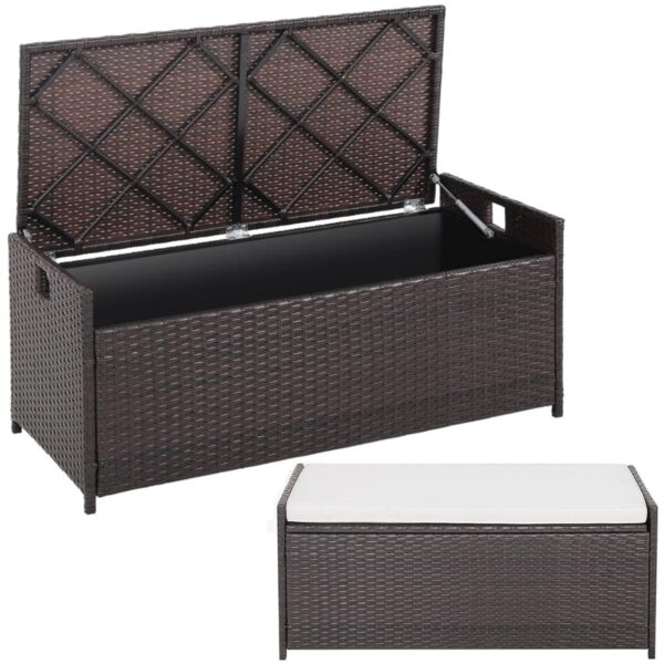 COSTWAY 128L Garden Storage Box, 3-in-1 Waterproof Rattan Deck Box Chest with Seat Cushion, Zippered Liner & Solid Gas Struts, Outdoor Patio Storage Bench Table for Cushion Tool...