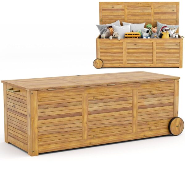 COSTWAY 180L Garden Storage Box, 127cm Acacia Wood Deck Box with 2 Wheels, Side Handle, Waterproof Cover, Garden Storage Bench Chest Organizer for Cushion Tools Toys