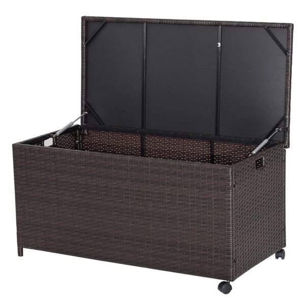 COSTWAY 190L Garden Storage Box, Rattan Deck Box Container with 2 Wheels, Zippered Liner & Pneumatic Rod, Outdoor Patio Side Table for Cushion Tool Toy