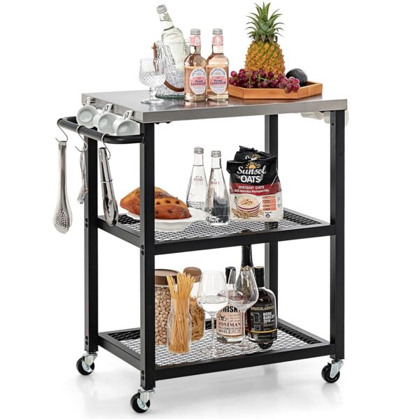 COSTWAY 2/3-tier Outdoor Grill Cart on Wheels, Pizza Oven Stand Serving Trolley with Stainless Steel Top, Handle and Hooks, Heavy Duty Food Prepare BBQ Work Table Workbench (3...