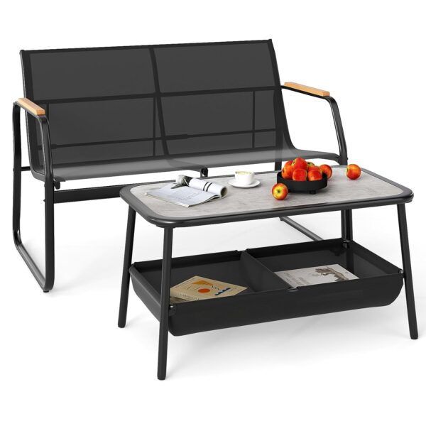 COSTWAY 2 Pieces Garden Furniture Set, Outdoor Loveseat Bench and Coffee Table with 2 Storage Compartments, Metal Frame Patio Conversation Set for Balcony Backyard Lawn Poolside