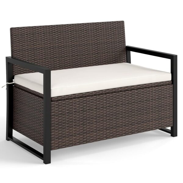 COSTWAY 2 Seater Garden Storage Bench, PE Rattan Deck Box Seat with 150L Box and Padded Cushion, Wicker Outdoor Loveseat Park Bench Chair (Mix Brown)