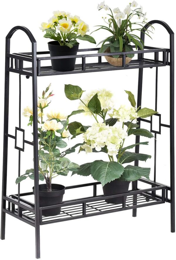 COSTWAY 2 Tier Metal Plant Stand, Indoor Outdoor Flower Pots Holder Display Rack, Plants Organizer Storage Shelf for Home Patio Garden Balcony Living Room