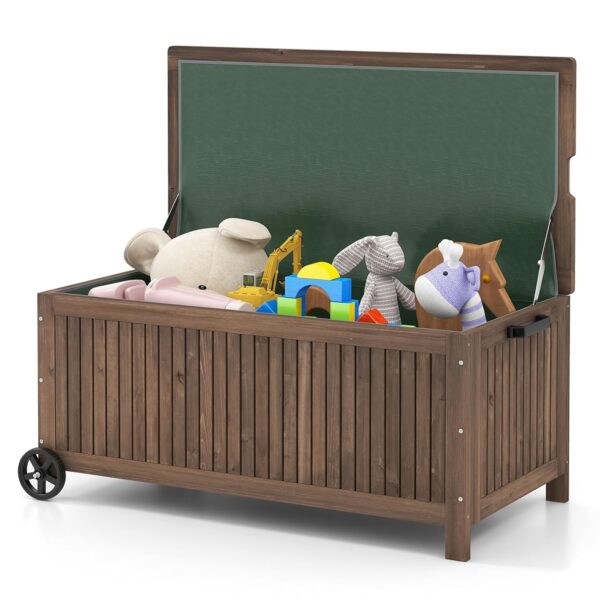 COSTWAY 207L Garden Storage Box, Fir Wood Deck Box Chest with 2 Wheels, Handle, Flip-Top Lid & Removable PE Liner, All-weather Outdoor Patio Storage Container Table for Cushion...