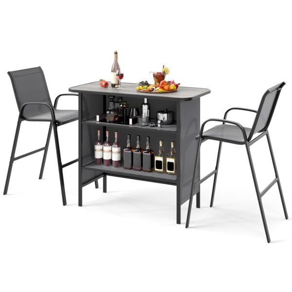 COSTWAY 3 Piece Outdoor Bar Set, Patio Bar Height Table & Chairs with Breathable Fabric, Wood Plastic Tabletop & 2-Tier Shelf, Metal Frame Dining Table and Stools Bistro...