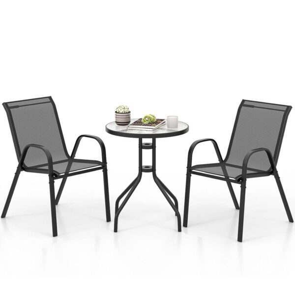 COSTWAY 3 Piece Patio Bistro Set, Garden Furniture Set with Glass Side Table and 2 Stackable Chairs, Outdoor Dining Table and Chairs Set for Balcony Backyard Poolside