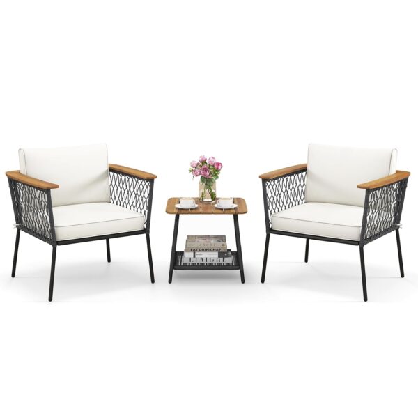 COSTWAY 3-Piece Rattan Bistro Set, Acacia Wood Patio Sofa Table Set with 2-Tier Coffee Table and Cushions, Outdoor Furniture Wicker Conservatory Sets for Balcony, Backyard,...