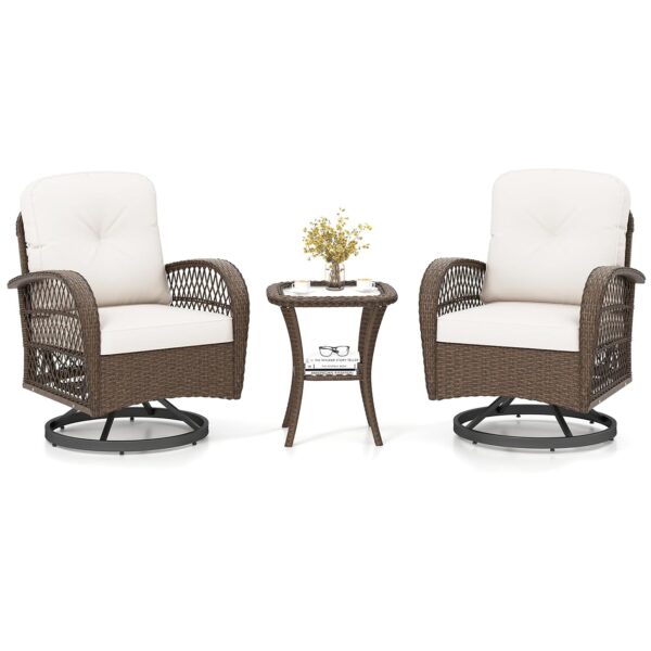 COSTWAY 3 Pieces Patio Rattan Bistro Set, 360° Swivel Outdoor Rocking Chairs and Table Set with Cushions and Pillows, Garden Furniture Set Wicker Conversation Sofa Table (White)