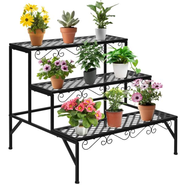 COSTWAY 3 Tier Metal Plant Stand, Stair Style Flowers Pot Holder Rack, Ladder Plants Display Storage Shelf for Indoor Outdoor Balcony Garden Yard