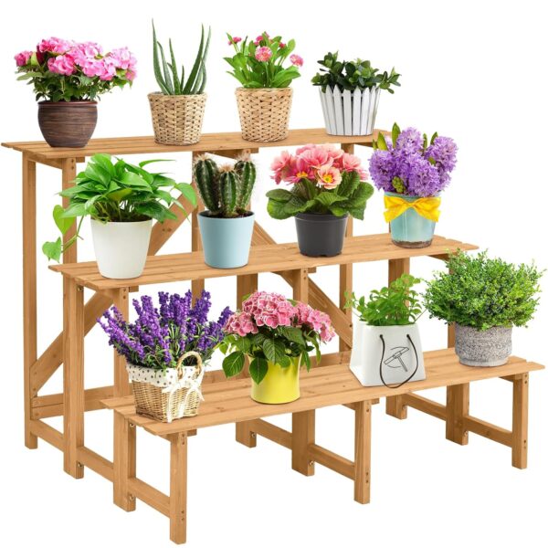 COSTWAY 3-Tier Plant Stand, Fir Wood High Low Pots Ladder Shelf Rack with Slatted Tiers, Indoor Outdoor Flowers Display Holder Shelving Unit for Living Room Balcony Garden Patio