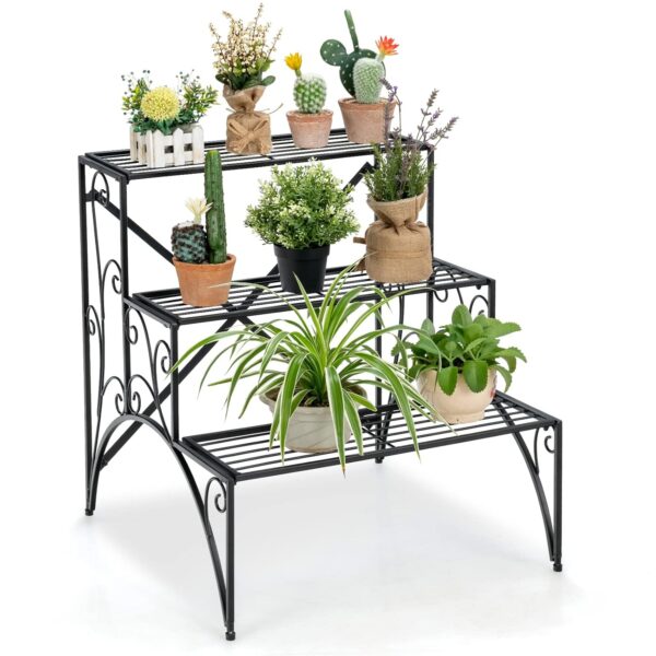COSTWAY 3 Tier Plant Stand, Stair Style Metal Flowers Pot Holder Storage Shelf, Ladder Decorative Display Rack for Indoor Outdoor Balcony Garden Yard (61 x 63 x 67 cm)