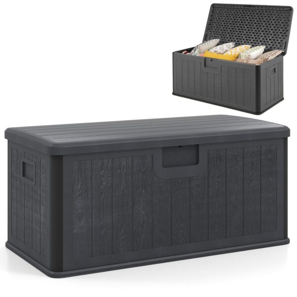 COSTWAY 380L Garden Storage Box, Waterproof Resin Deck Box Bench with Lockable Lid & Side Handles, Wood Texture Outdoor Patio Storage Container for Cushion Tool Toy (Grey)