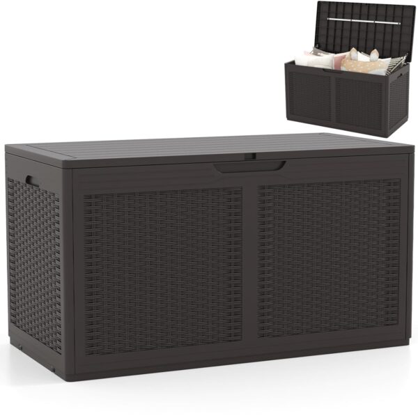 COSTWAY 380L Garden Storage Box, Waterproof Resin Deck Box Bench with Lockable Lid, Wheels & Side Handles, Rattan Texture Outdoor Patio Storage Container for Cushion Tool Toy...