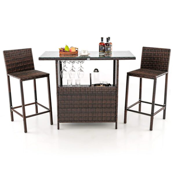 COSTWAY 3PCS Outdoor Rattan Bar Set, Metal Frame Dining Table and Bar Stools with Storage Shelves, 3 Goblet Racks, Glass Tabletop and Footrests, Counter Height Wicker Bistro Set...
