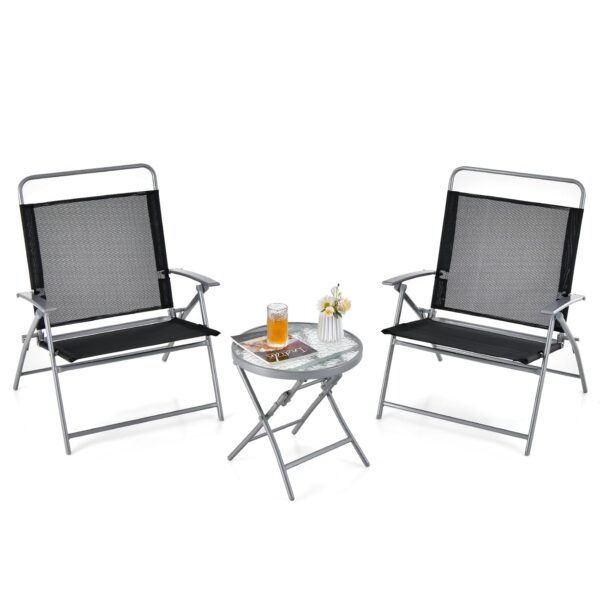 COSTWAY 3PCS Patio Bistro Set, Garden Folding Chairs and Table Set with Ripple-like Glass Tabletop, Metal Frame Outdoor Dining Furniture Conversation Set for Balcony, Deck,...