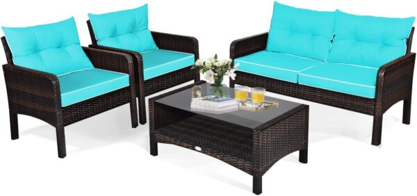 COSTWAY 4-Piece Garden Rattan Furniture Set, Patio Conversation Set with Cushioned Loveseat, Chairs and Tempered Glass Table, All-Weather Outdoor Wicker Sectional Sofa Set for...