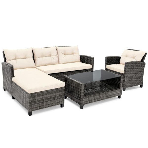 COSTWAY 4-Piece Garden Rattan Furniture Set, Patio Conversation Set with Cushions, Pillows and Coffee Table, All-Weather Outdoor Sectional L-shaped Sofa Set for Balcony Lawn...