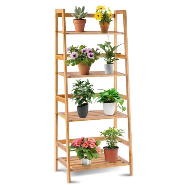 COSTWAY 4 Tier Bamboo Plant Stand, Ladder Flower Pots Holder with Rear Bar and Slatted Tier Design, Freestanding Corner Storage Display Shelf Rack for Indoor Outdoor