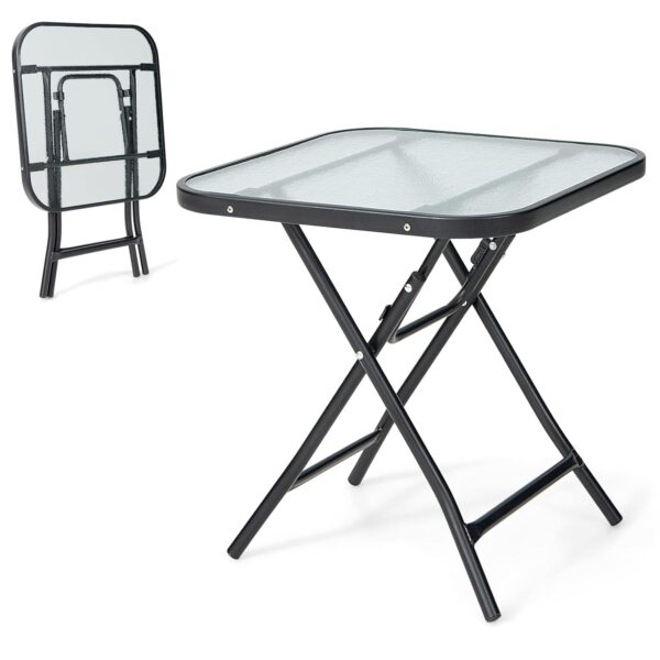 COSTWAY 46cm Folding Garden Side Table, Tempered Glass Top Small Patio Bistro Coffee Table, Metal Frame Portable Outdoor End Drinks Dining Table for Balcony, Backyard and...
