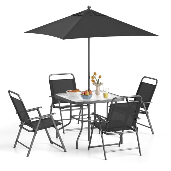 COSTWAY 5/6 Piece Folding Patio Bistro Set, Outdoor Dining Furniture with 4 Chairs, 1 Table and Umbrella Hole, Conversation Set for Garden Balcony Deck Poolside (Glass Table...