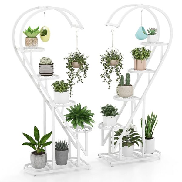 COSTWAY 5-Tier Tall Plant Stand, 2-Pack Heart-shaped Ladder Plant Shelf with Hanging Hooks and Adjustable Foot Pads, Indoor Outdoor Metal Display Pot Holder for Balcony Garden...