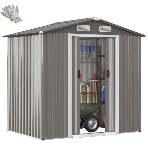 COSTWAY 6 x 4FT/8 x 6FT Metal Garden Shed, Outdoor Galvanized Tool Storage House with 4 Air Vents, Sliding Doors and Ramp, Weatherproof Gardening Organizer Box (Light Grey+Dark...