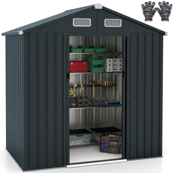 COSTWAY 6 x 4ft Metal Garden Shed, Galvanized Outdoor Storage Shed with Sliding Door, 4 Air Vents & Sloping Roof, All-Weather Tool Storage House for Patio Backyard Lawn, 193 x...