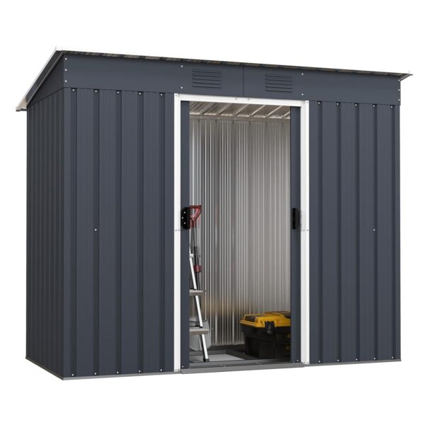 COSTWAY 7 x 3.6FT Galvanized Metal Garden Shed, Outdoor Lockable Tool Storage House with Foundation, Ramp, Air Windows and Sliding Door, Weatherproof Storage Shed Organizer for...