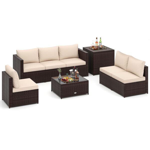 COSTWAY 8 PCS Garden Rattan Furniture Set, Corner Patio Conversation Sofa Set with Tempered Glass Coffee Table, Storage Box and Cushions, Wicker Outdoor Table and Chairs for...