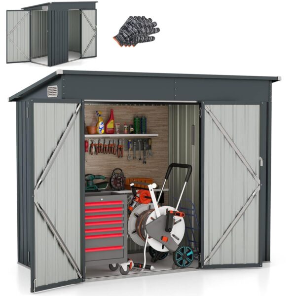 COSTWAY 8 x 4ft Garden Storage Shed, Galvanized Metal Garden Shed with 3 Doors, Safety Locks and Keys, Sloping Roof & Breathable Windows, Weatherproof Tool Storage Shed House,...