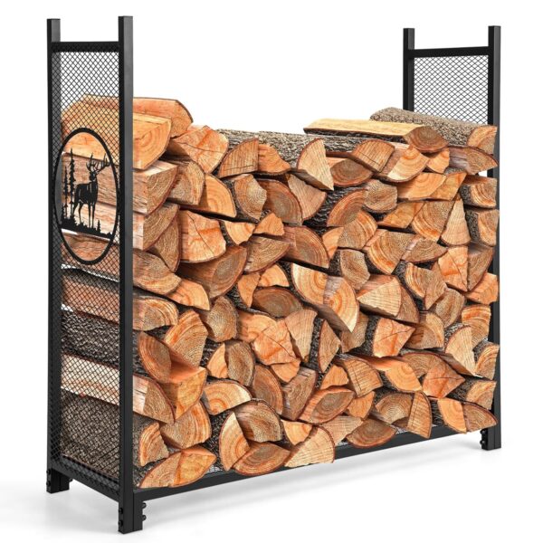 COSTWAY Firewood Rack, Heavy Duty Metal Fireplace Log Holder with Mesh Sides and Anti-slip Foot Pads, Indoor Outdoor Wood Storage Stacking Shelf Stand, 136kg Load Capacity