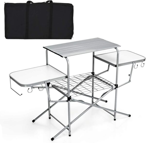 COSTWAY Folding Aluminum Camping Table, Kitchen Work Table with 2 Side Tabletops, Hooks and Carrying Bag, Indoor Outdoor Lightweight BBQ Catering Picnic Table (without...